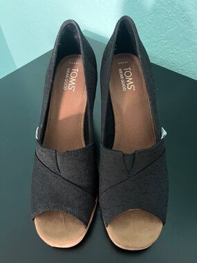 TOMS Black Peep-Toe Wedge Heels